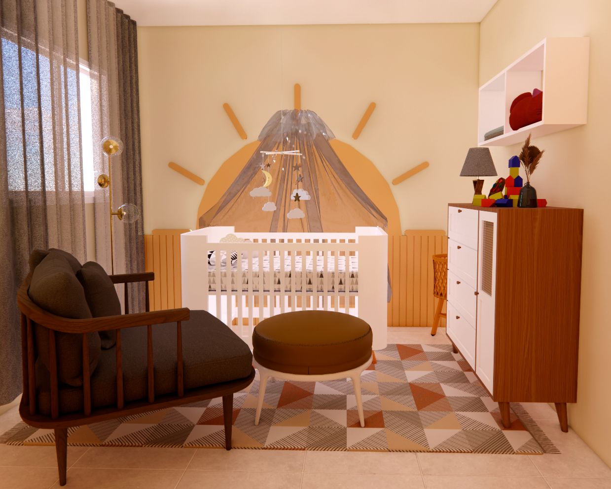 a baby's room with a crib and a rocking chair