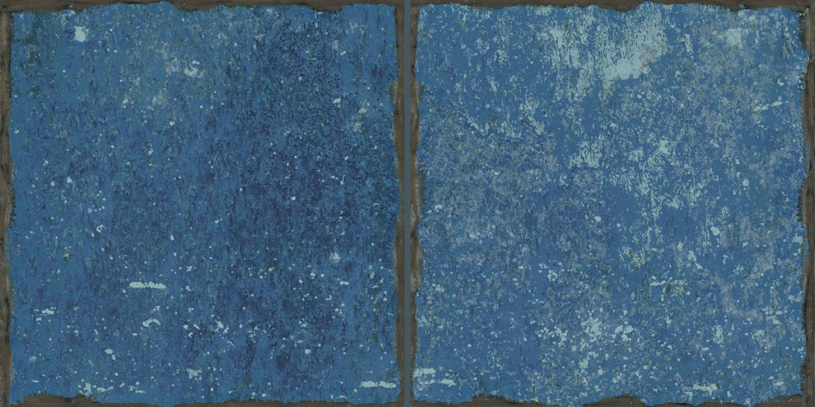 a painting of a blue wall with a brown frame