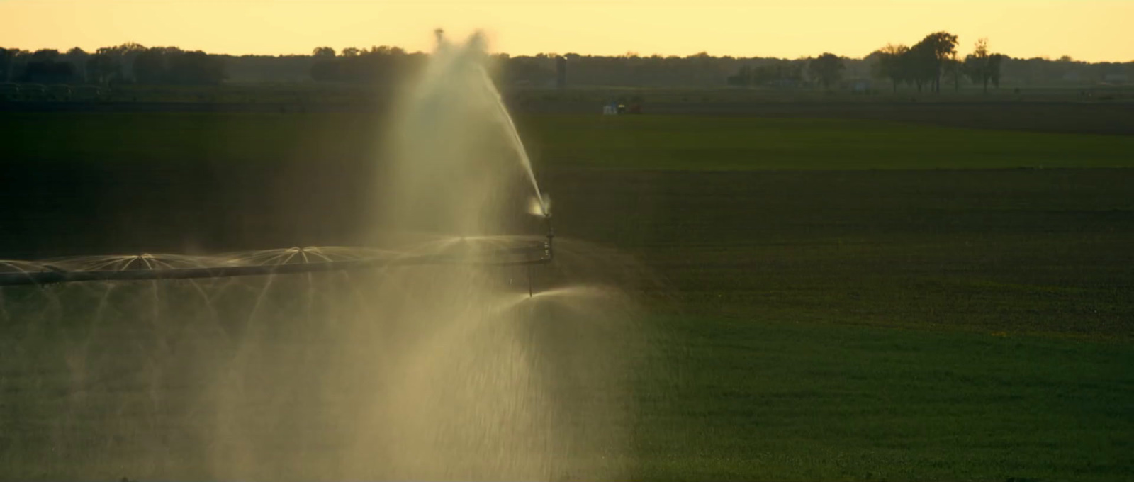 a sprinkler spraying water onto a field at sunset