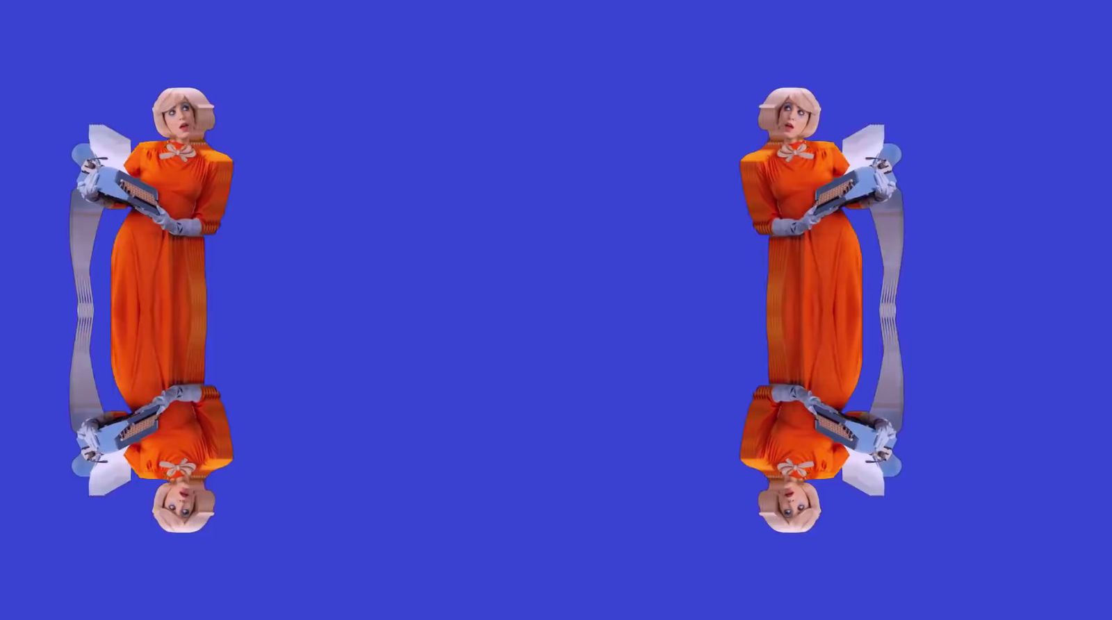 a woman in an orange dress is standing in front of a blue background