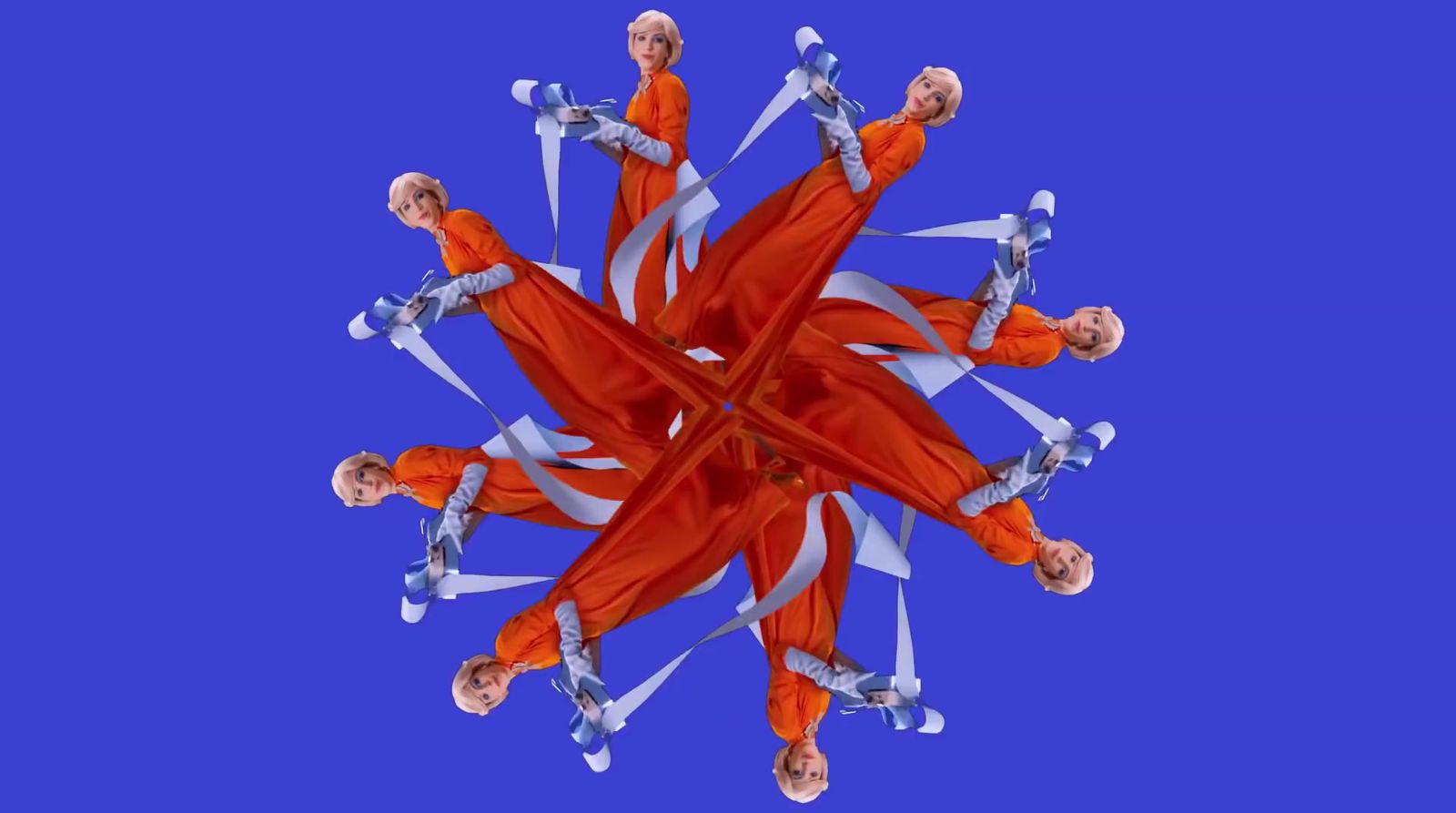 a computer generated image of a group of people in orange outfits