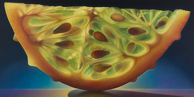 a painting of a piece of fruit on a table