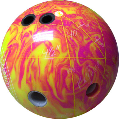 a pink and yellow bowling ball on a white background