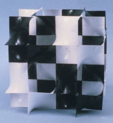 a black and white checkered pattern on a blue background