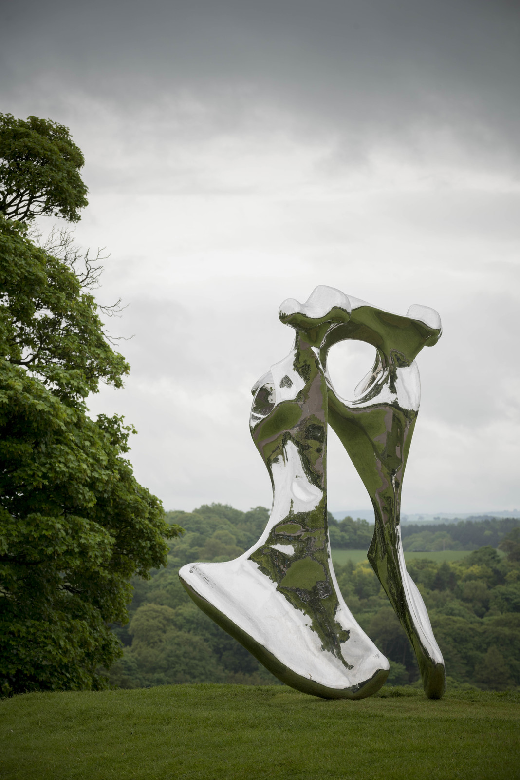 a large metal sculpture sitting on top of a lush green field