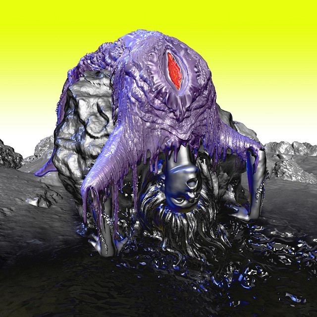 a purple creature with a red eye sitting in the water