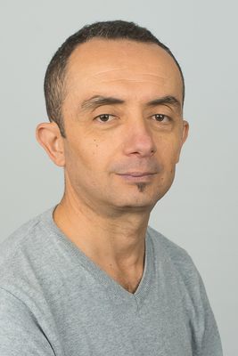 a man in a gray shirt is posing for a picture