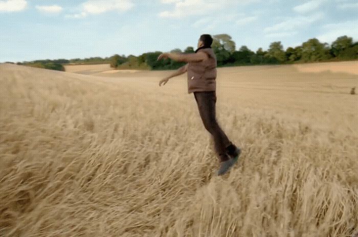 a woman in a field of wheat throwing a frisbee