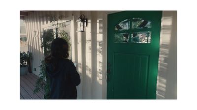 a woman standing in front of a green door