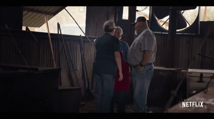 a man and a woman standing in a barn