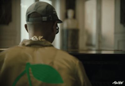 a man wearing a hat and jacket with a green leaf on it