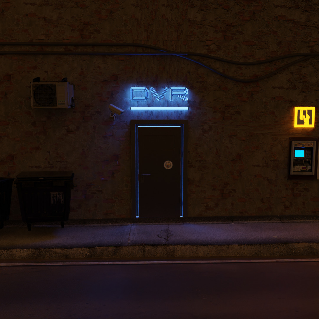 a dark room with a door and a neon sign