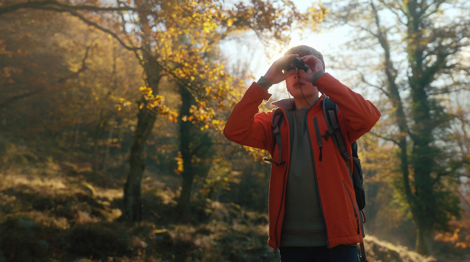 a man standing in a forest looking through binoculars