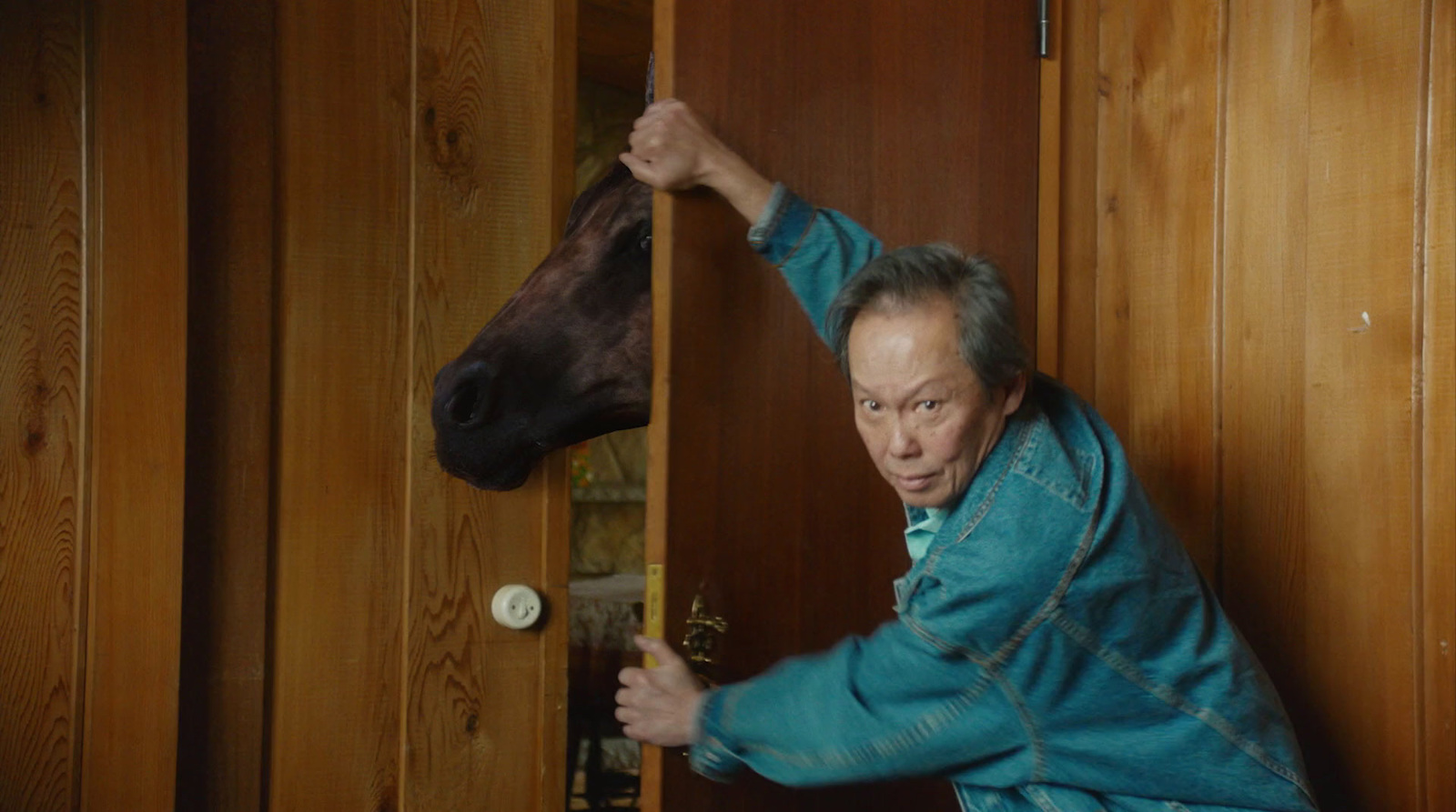 a man in a blue robe petting a horse