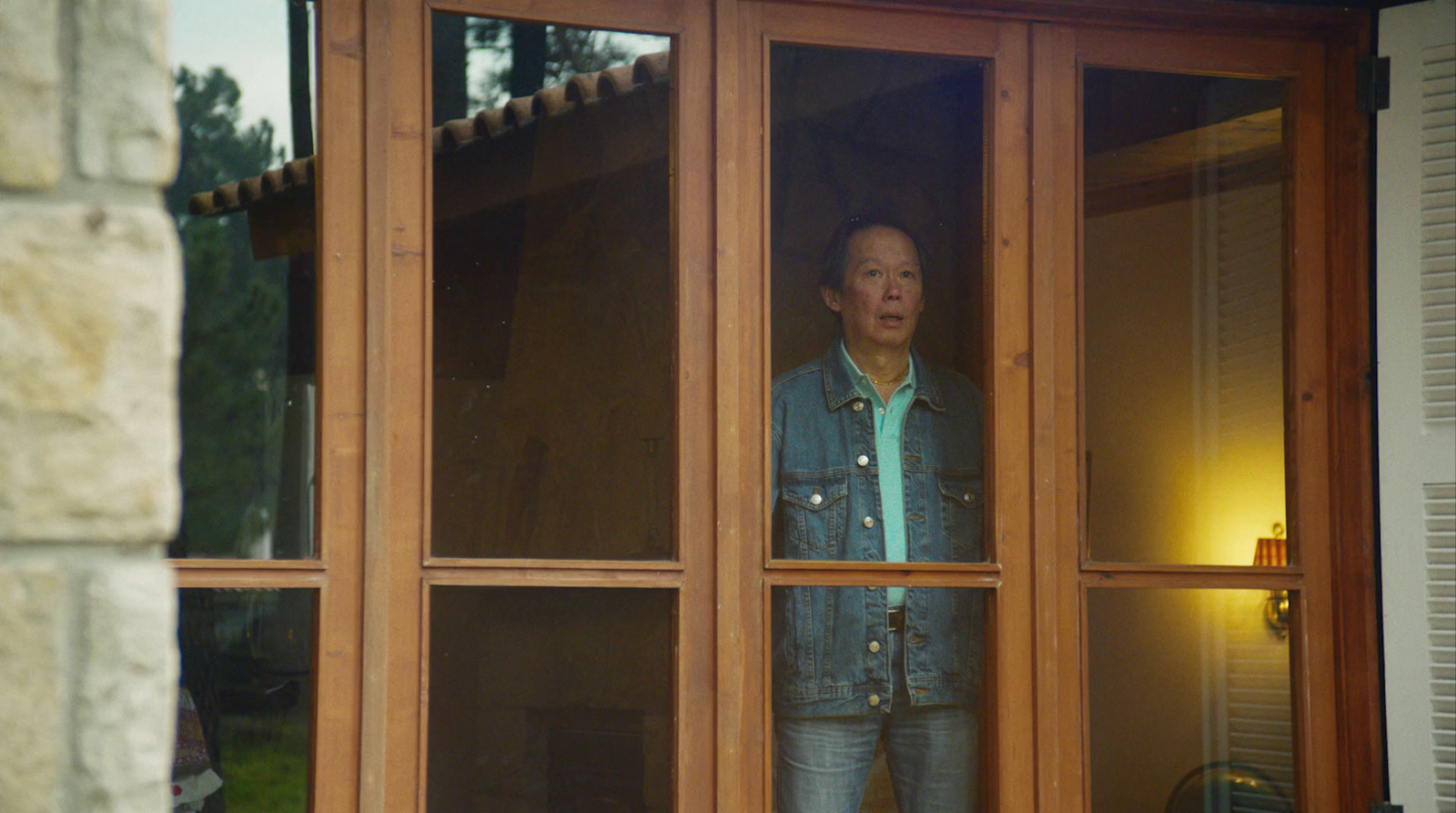 a woman is looking out of a window