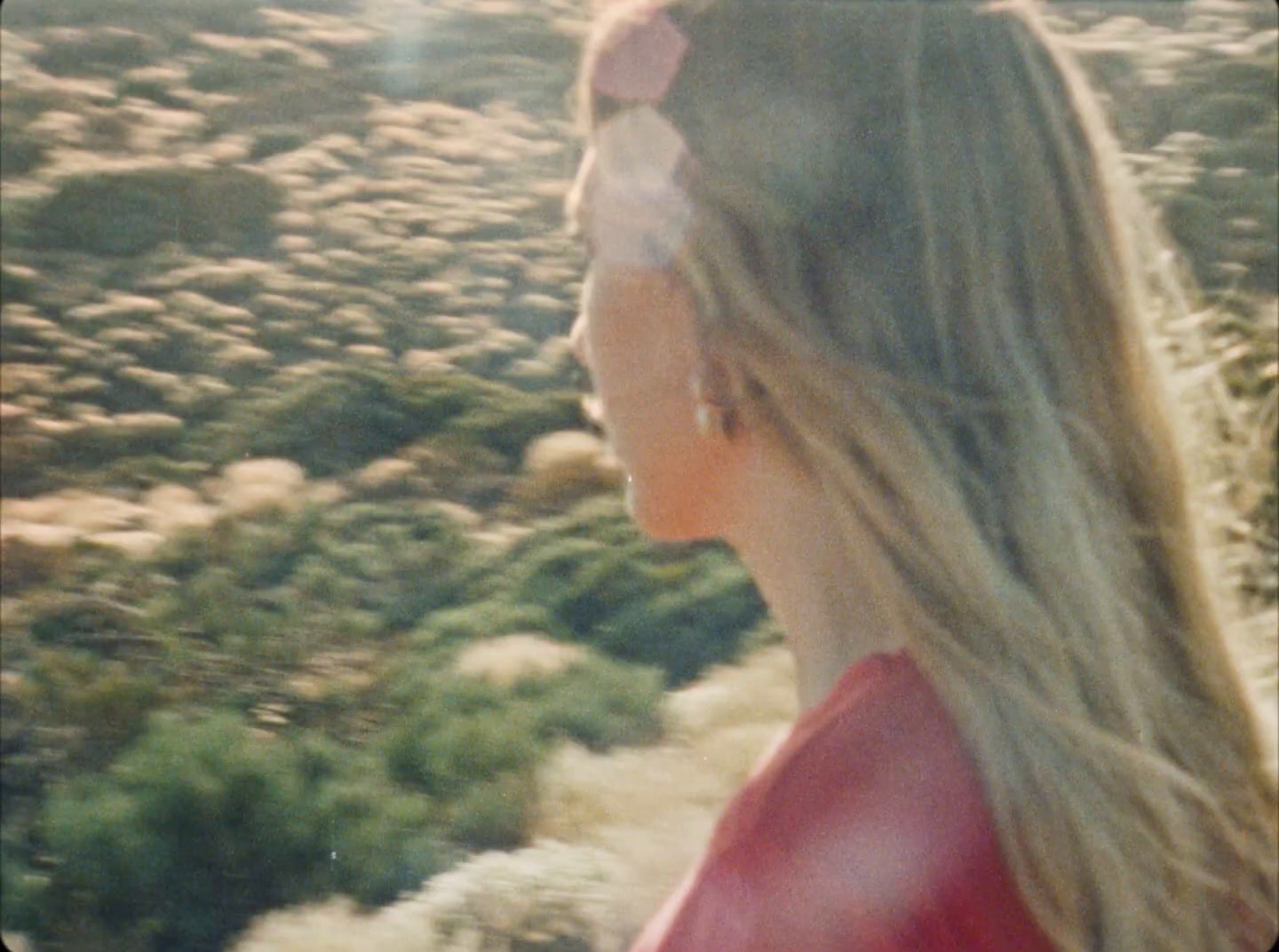 a woman with long blonde hair standing in a field