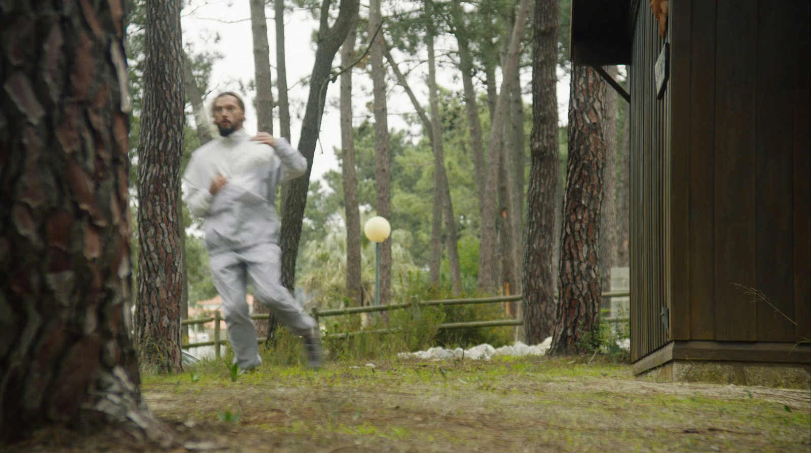 a man running through a forest with a frisbee