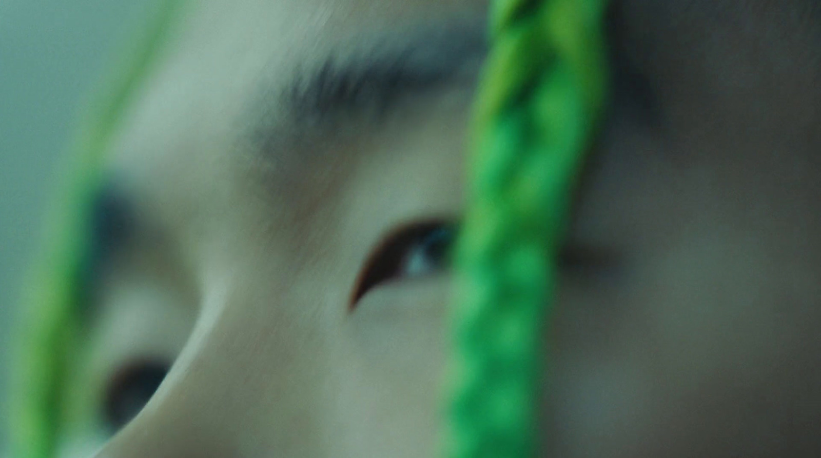 a close up of a person with green hair