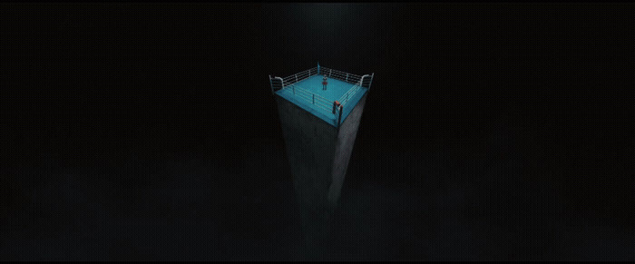 an aerial view of a swimming pool at night