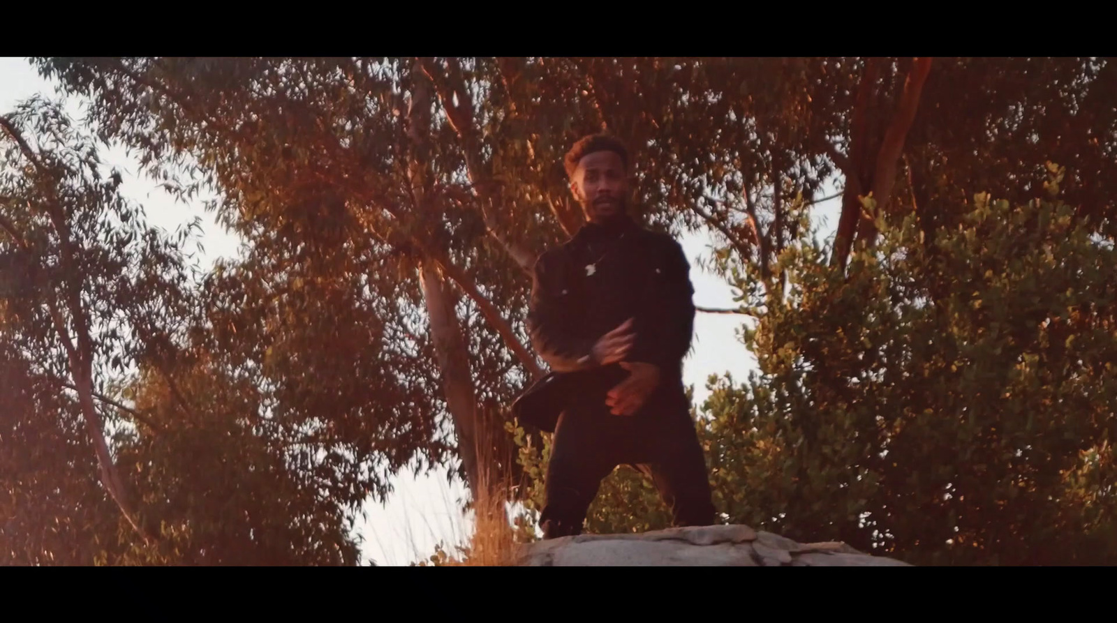 a man standing on top of a rock next to trees