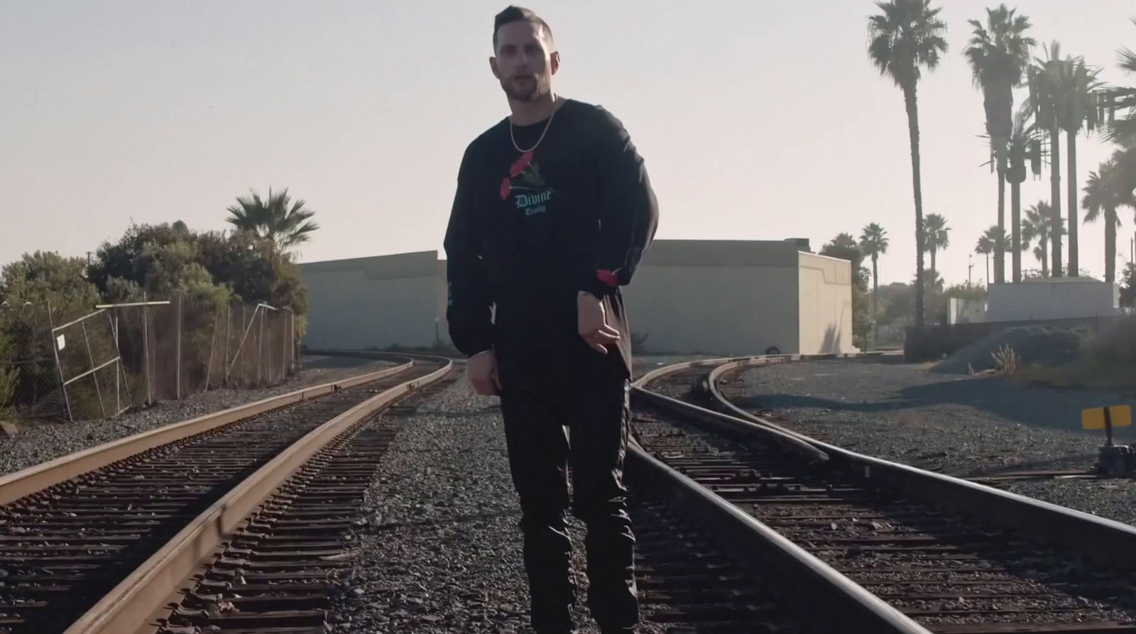 a man standing on train tracks with palm trees in the background