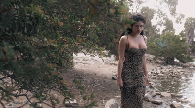 a woman in a leopard print dress standing by a body of water