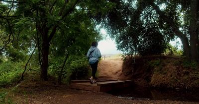 a person walking up a dirt path in the woods