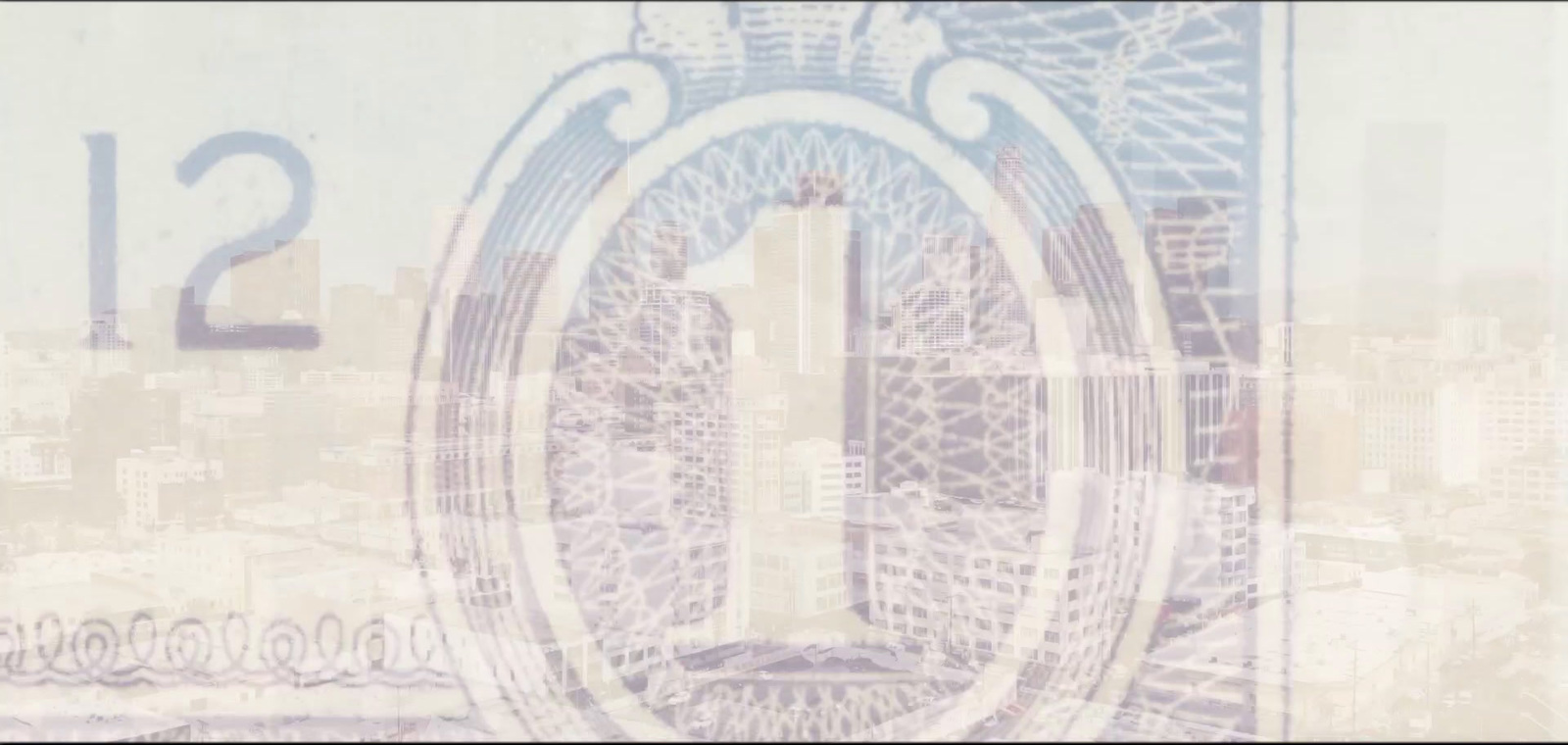 a close up of a one dollar bill with a city in the background