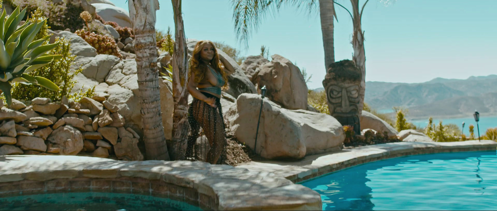 a pool surrounded by rocks and palm trees