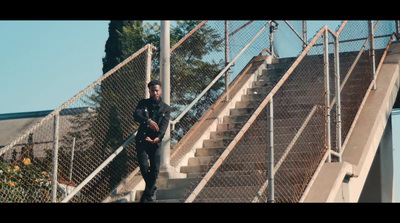 a man walking up a set of stairs