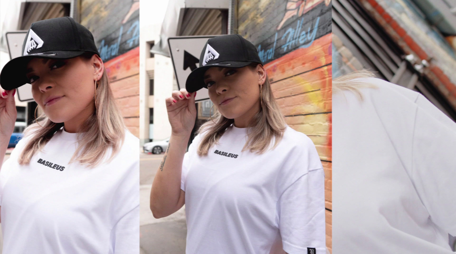 a woman wearing a white shirt and a black hat