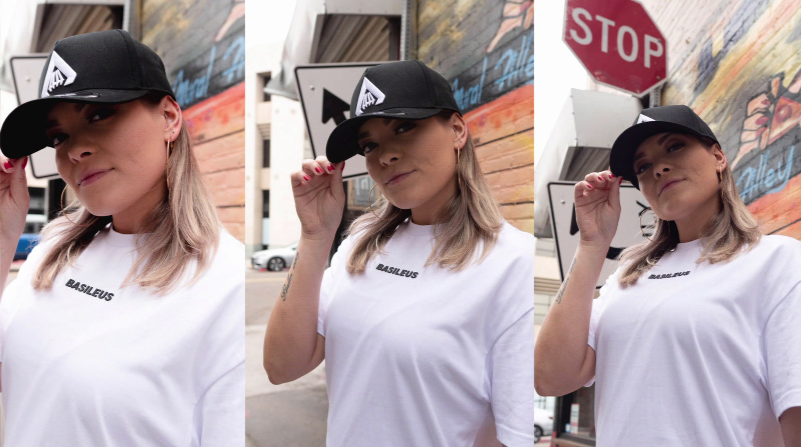 a woman wearing a black hat and white shirt