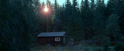 a cabin in the woods with the sun shining through the trees