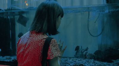 a woman standing in front of a fish tank