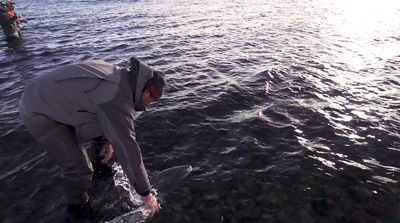 a man standing in the water holding a fish