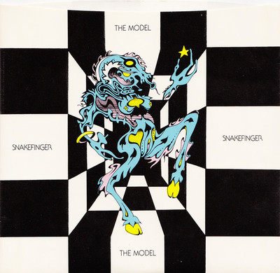 a black and white checkered pattern with a blue and yellow robot on it