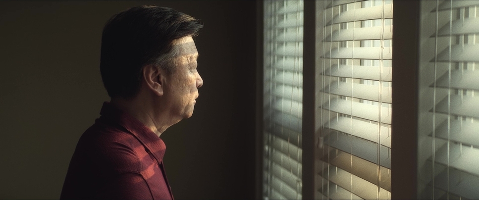 a man looking out of a window with blinds