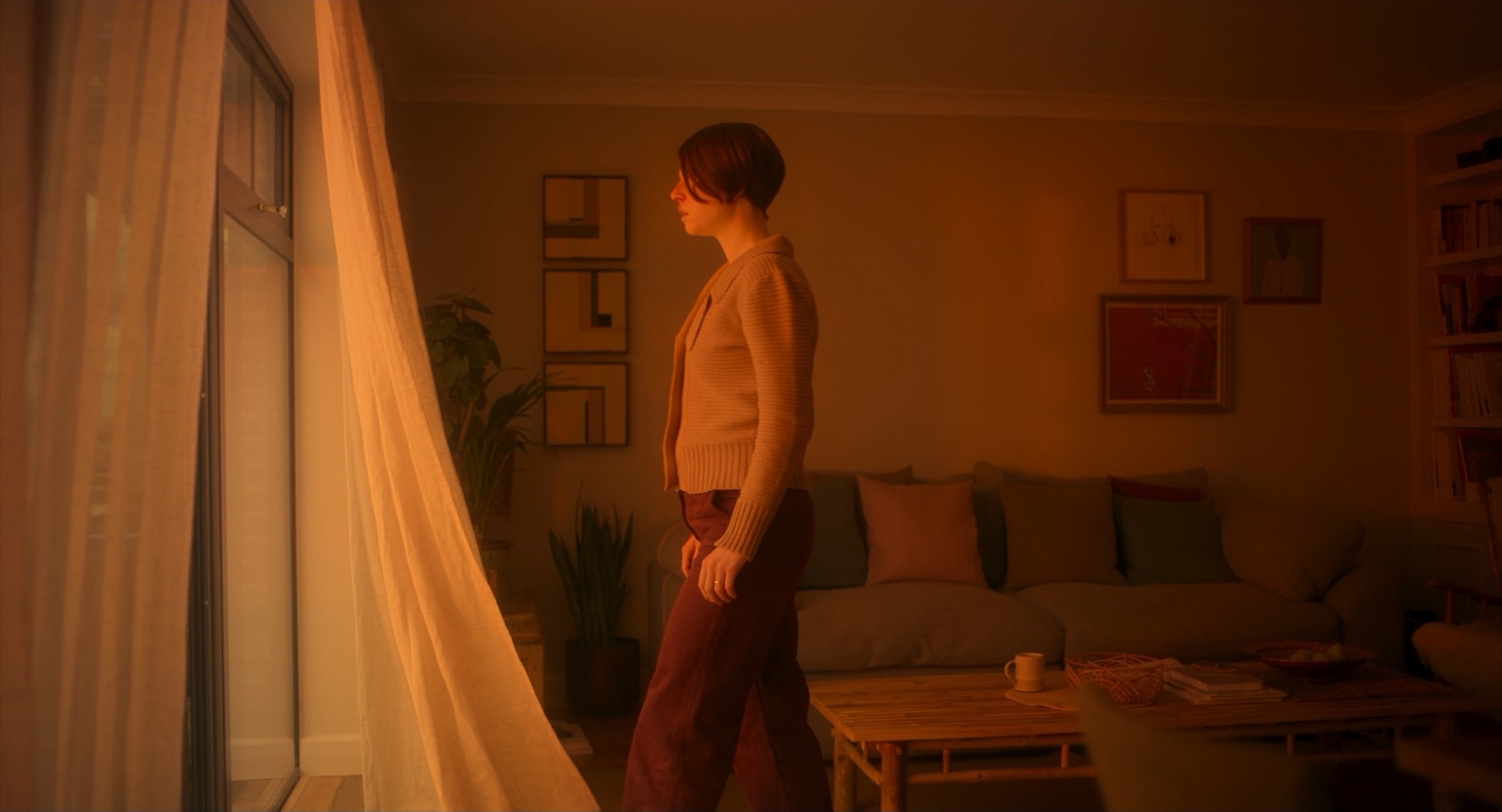 a woman standing next to a window in a living room