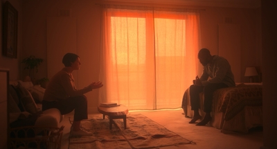 a couple of men sitting in a living room next to a window