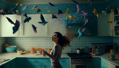 a woman standing in a kitchen surrounded by birds