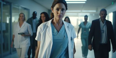 a group of doctors walking down a hallway