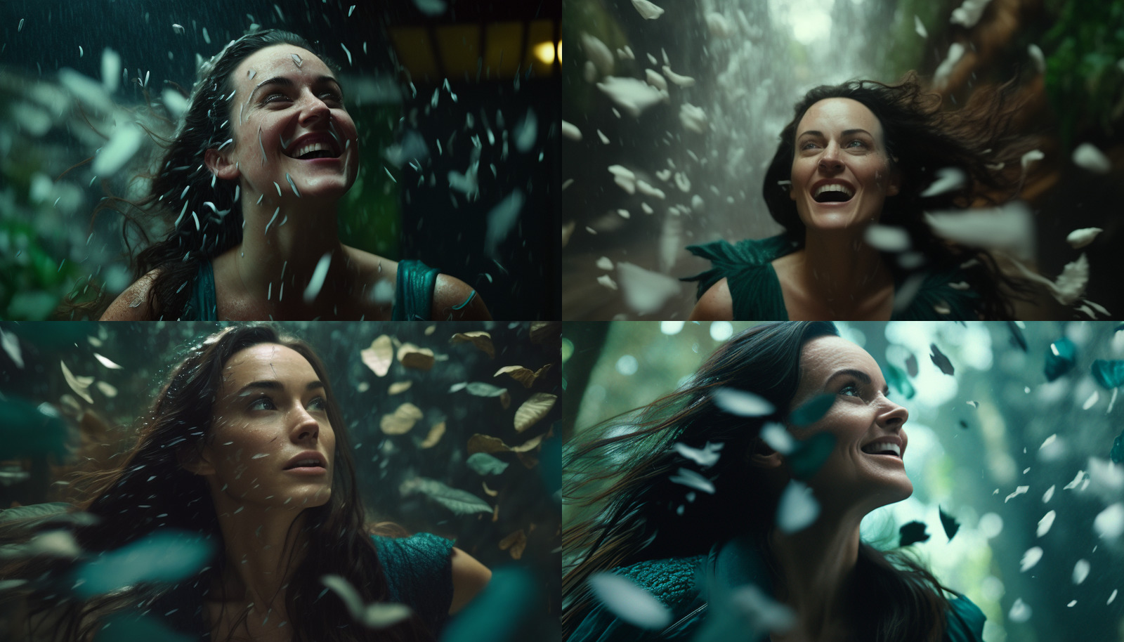 a collage of photos of a woman in the rain