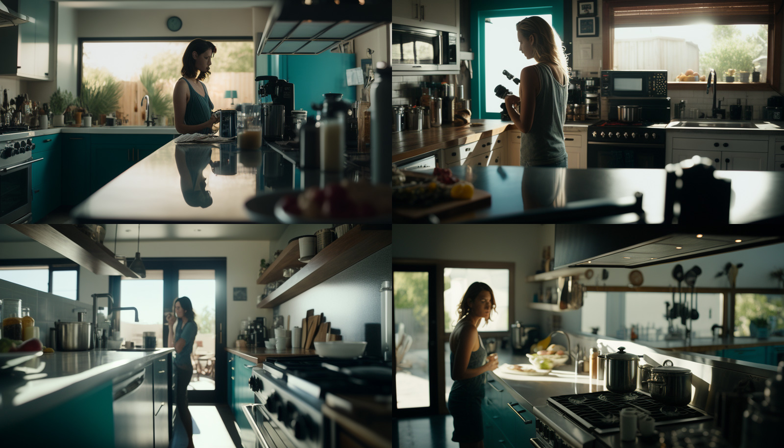 a series of photographs of a woman in a kitchen