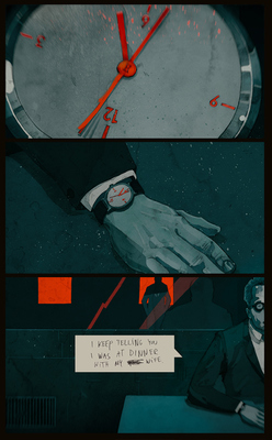 a comic strip with a man in a suit and a clock