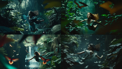 a collage of images of a woman in a forest