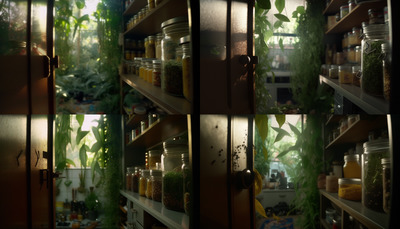 a shelf filled with lots of plants and jars