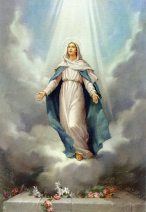 a painting of the immaculate mary on a cloudy day