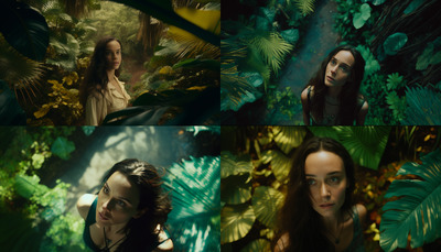 a collage of photos of a woman in a forest