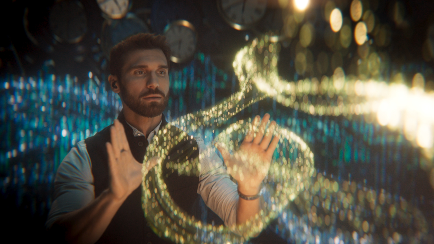 a man standing in front of a display of clocks