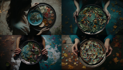 two women holding plates of food in their hands